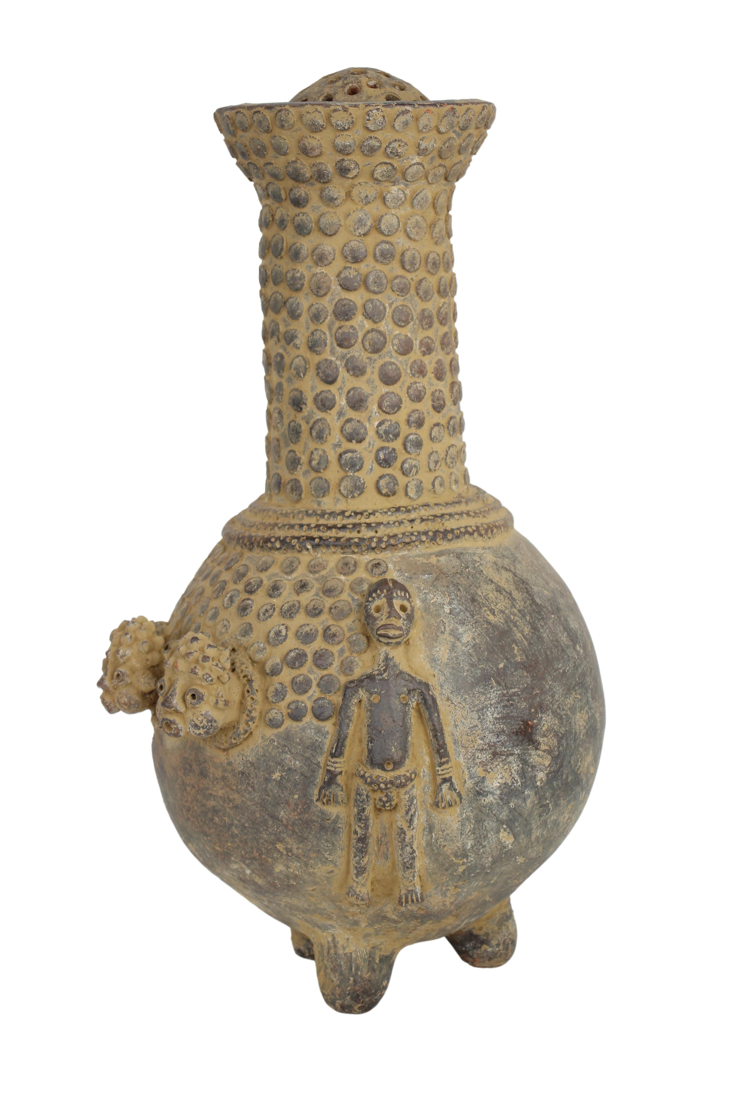 Mangbetu Tribe Terracotta Antique Pot ~21.3" Tall (New 2024) - West African Artifacts