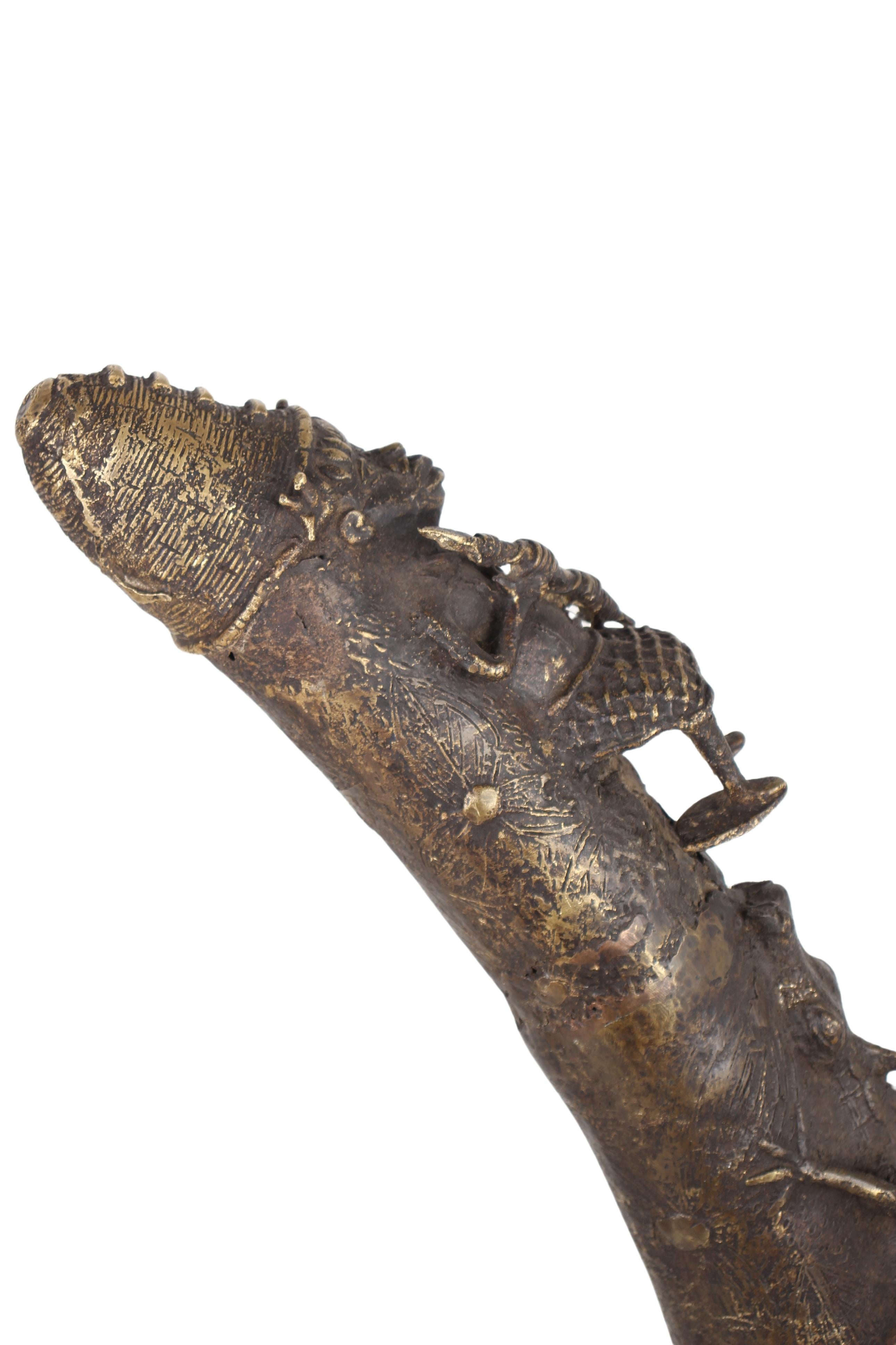 Edo Tribe Benin Bronze Fetish Altar Tusks ~41.3" Tall (New 2024) - West African Artifacts