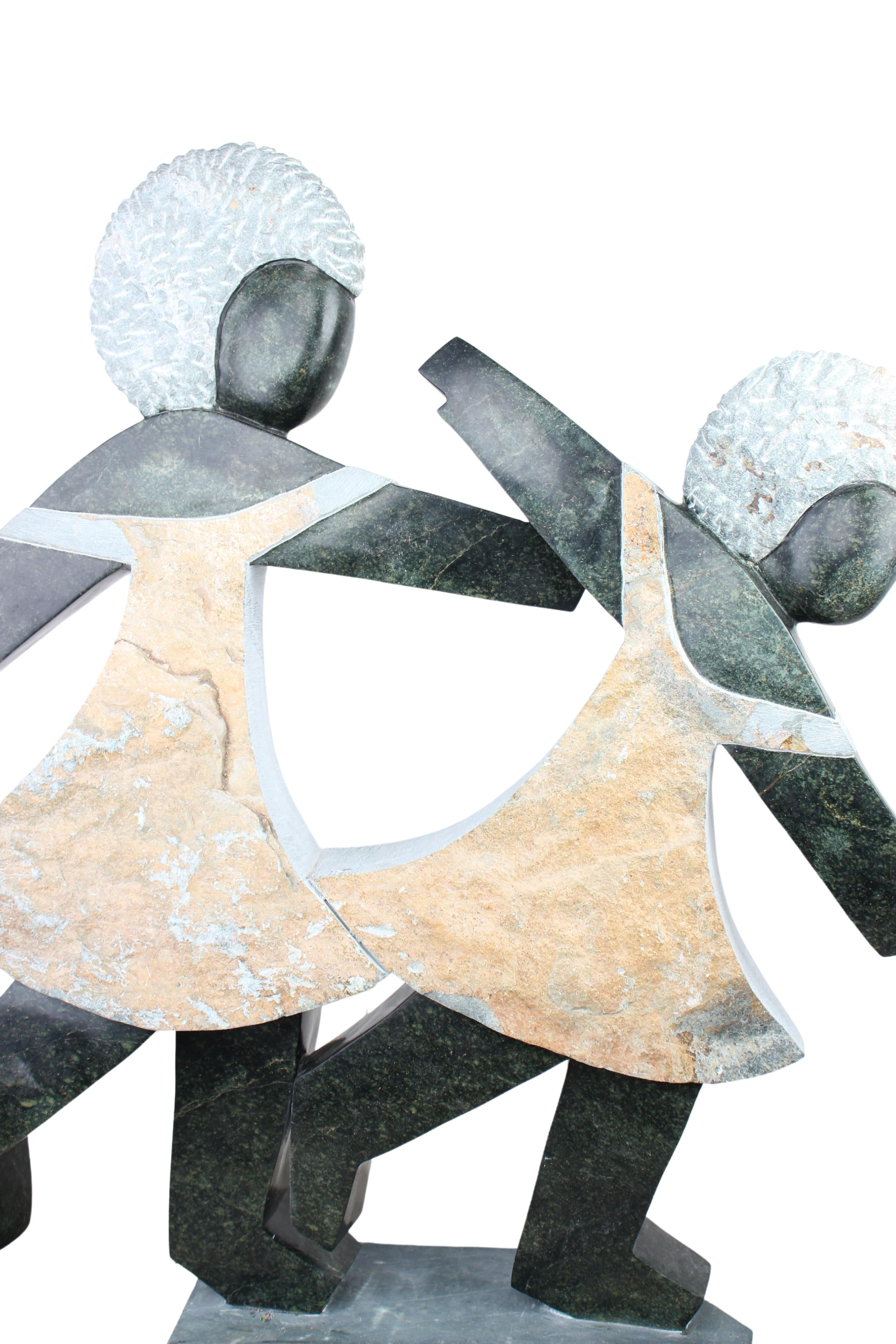 Shona Tribe Opal Stone Playing Children Sculpture ~47.2" Tall (New 2024) - Shona Stone