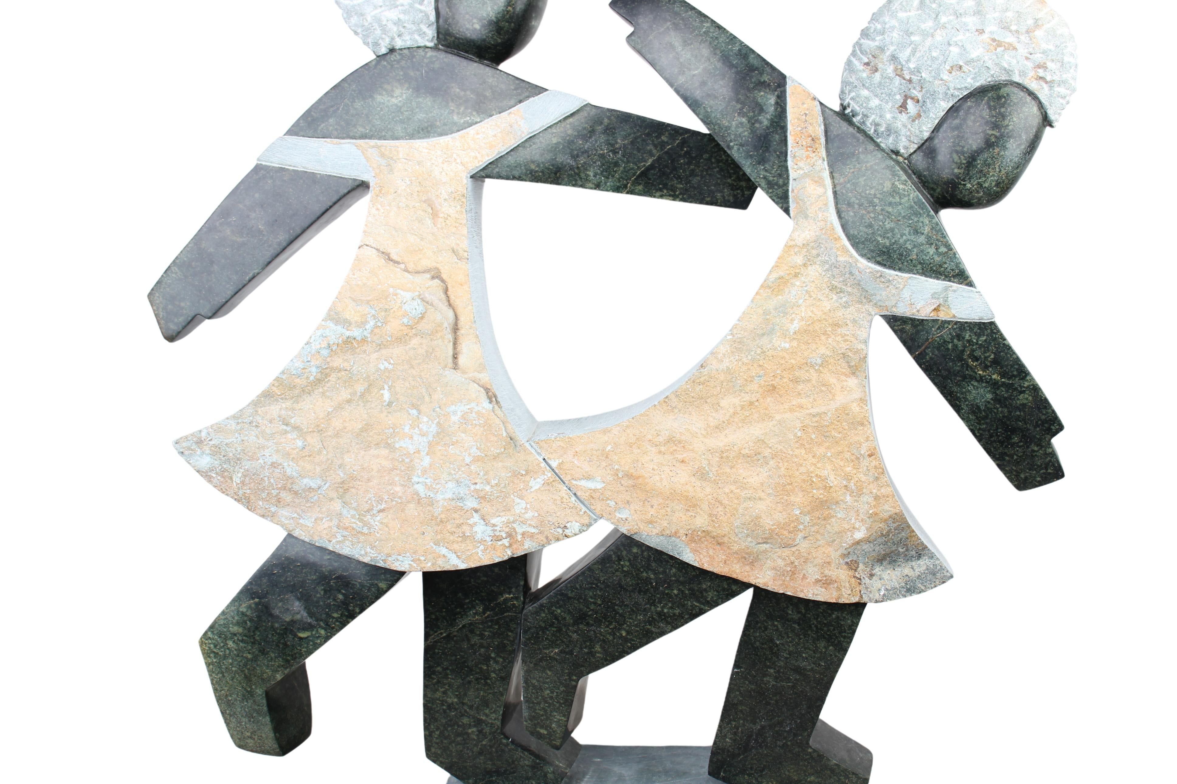 Shona Tribe Opal Stone Playing Children Sculpture ~47.2" Tall (New 2024) - Shona Stone