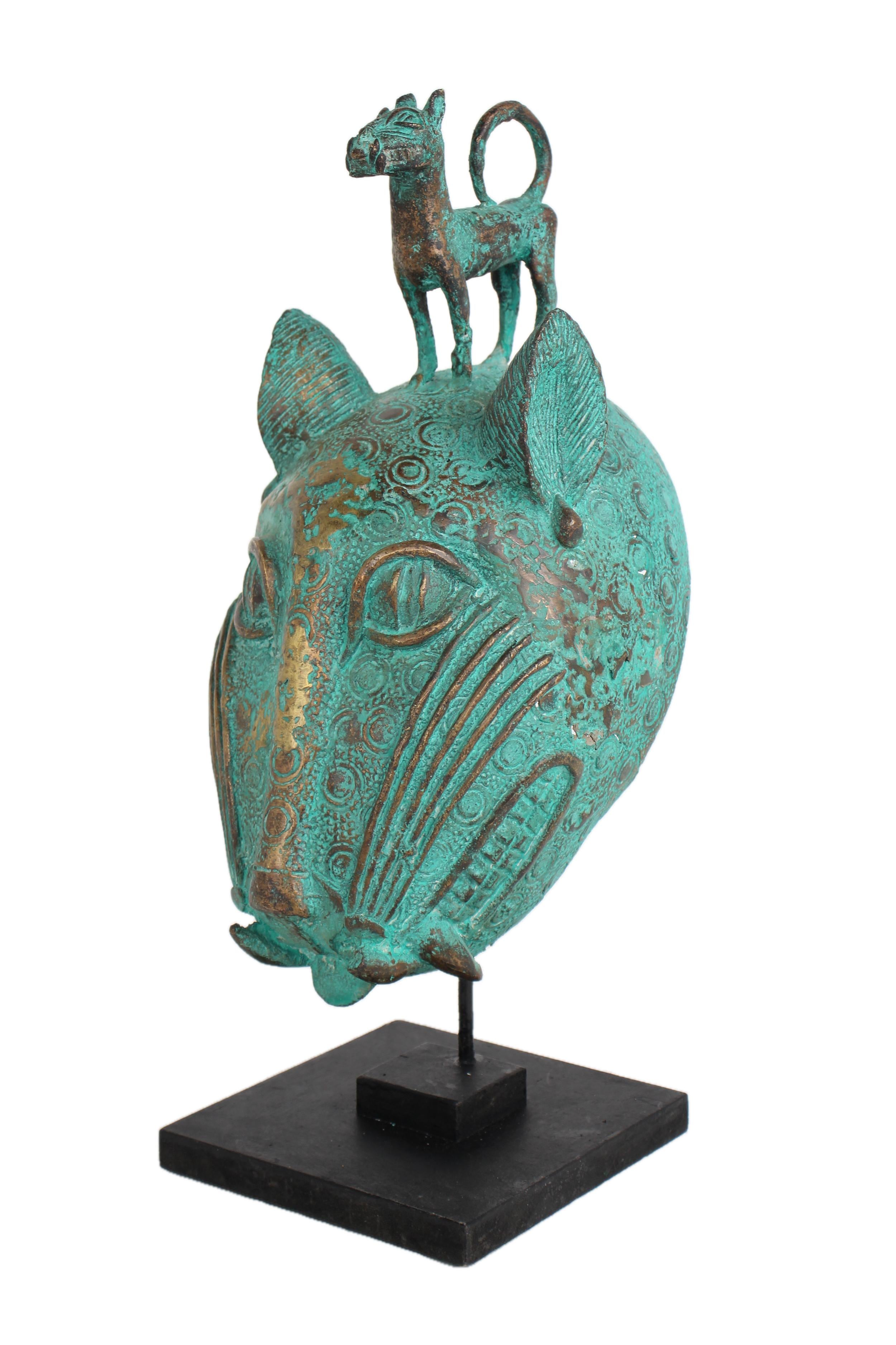 Edo Tribe Benin Bronze Leopard Head ~15.4" Tall - New 2025