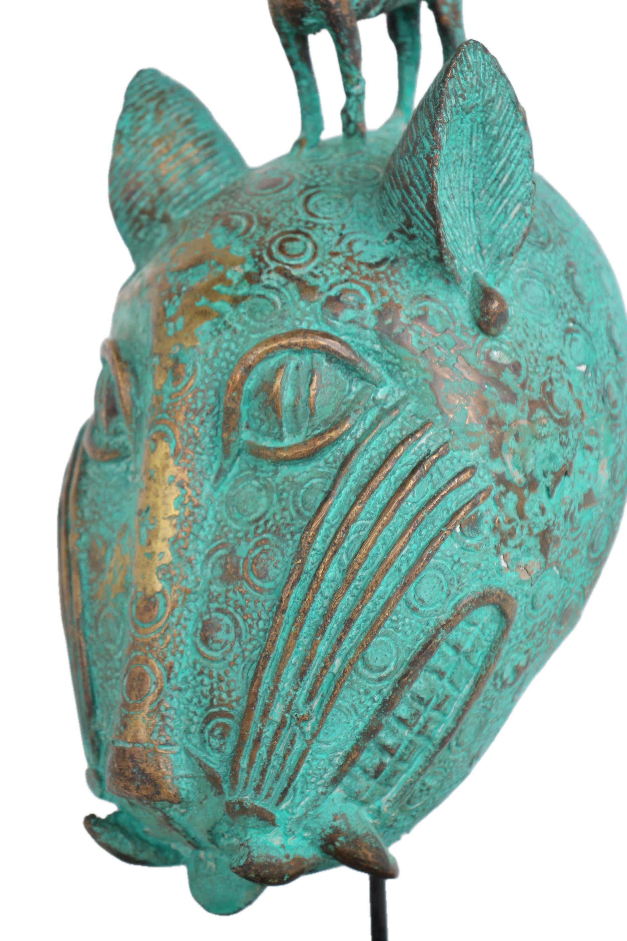 Edo Tribe Benin Bronze Leopard Head ~15.4" Tall - New 2025 - West African Artifacts