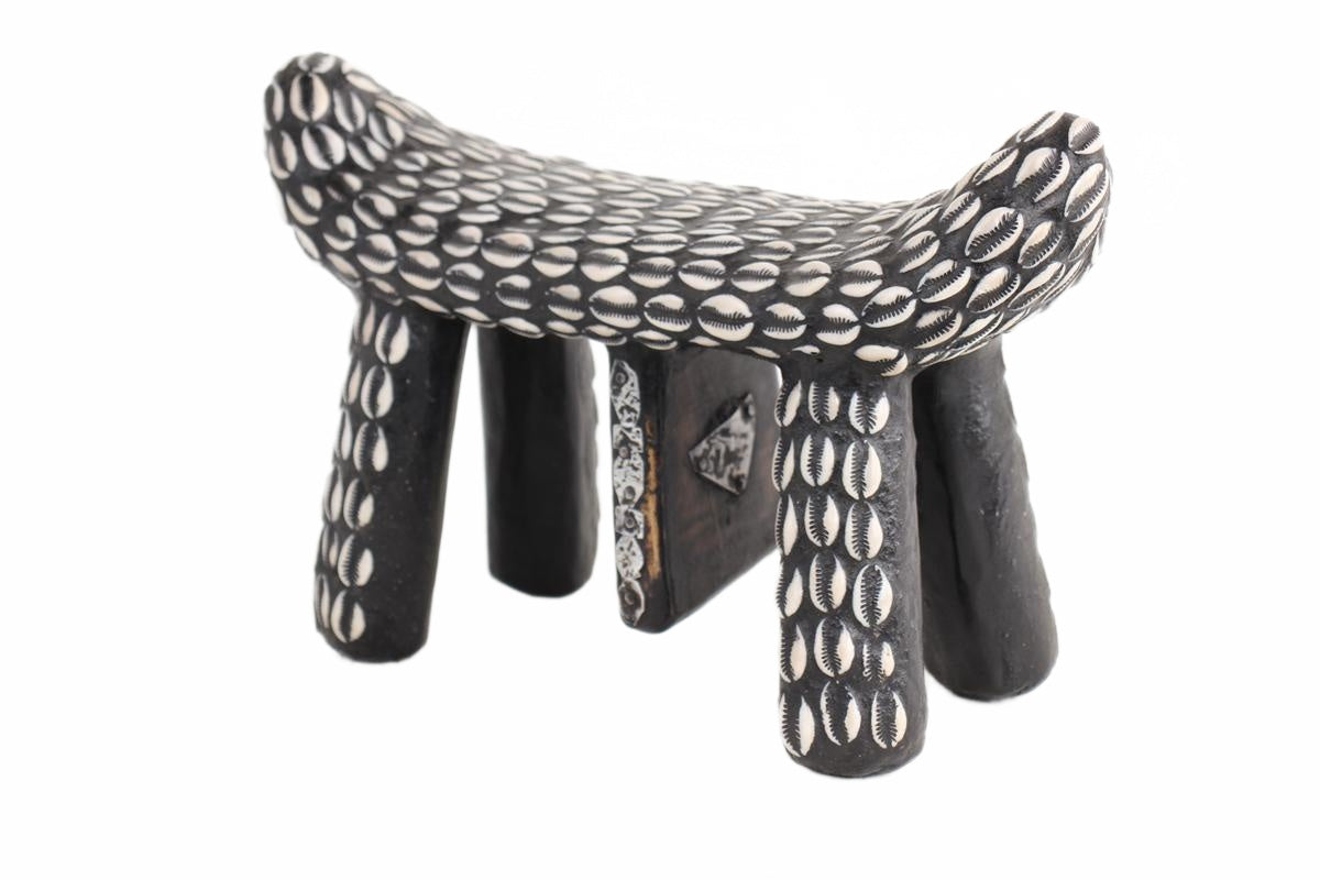 Bamileke Tribe Wooden and Cowrie Stool ~9.4" Tall (New 2026) - Furniture