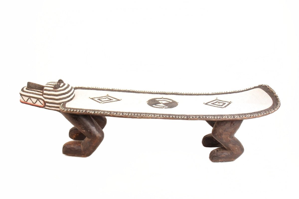Bamileke Tribe Beaded Crocodile Bench ~18.1" Tall (New 2026) - Furniture