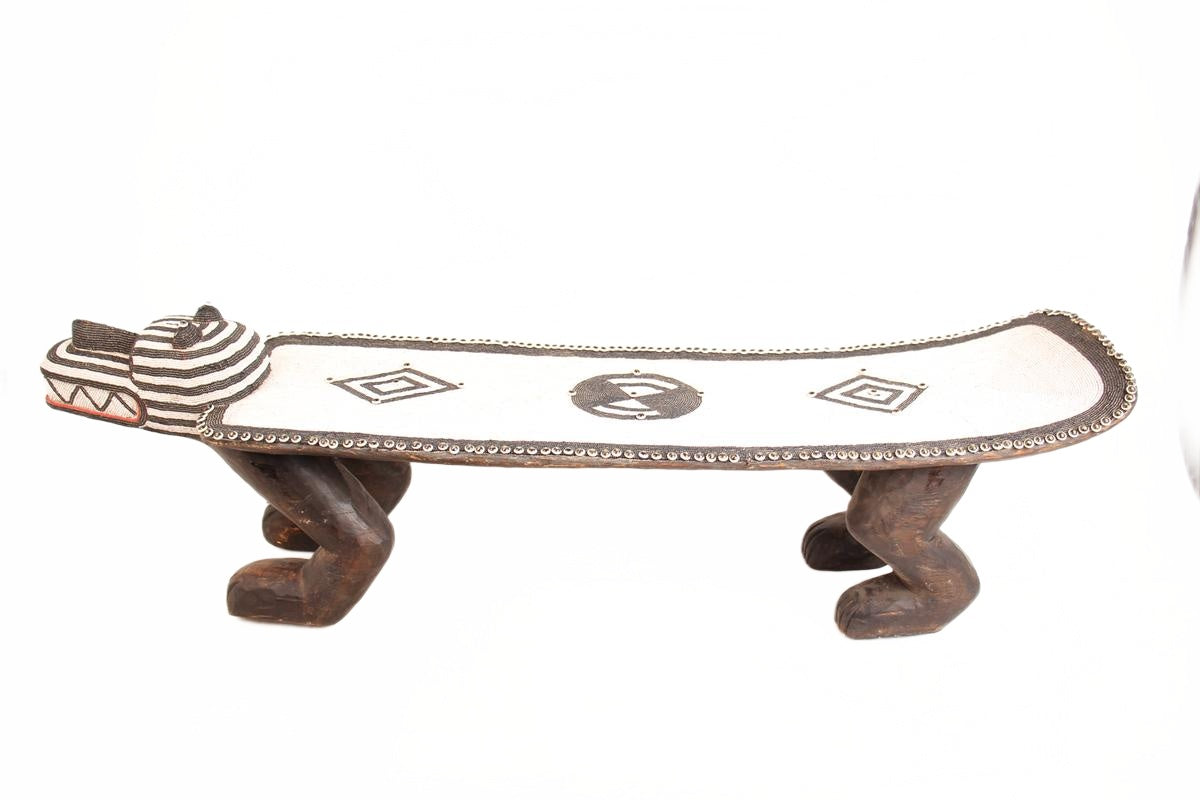 Bamileke Tribe Beaded Crocodile Bench ~18.1" Tall (New 2026) - Furniture