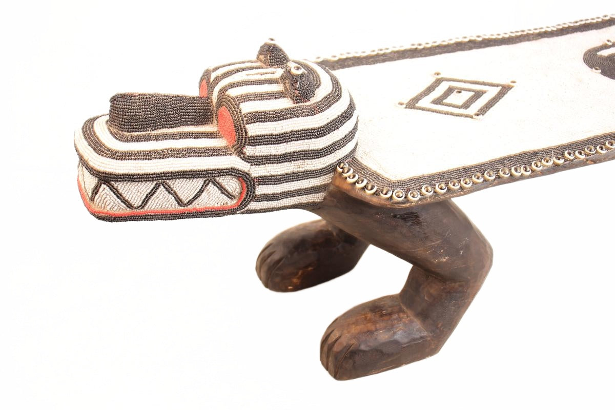 Bamileke Tribe Beaded Crocodile Bench ~18.1" Tall (New 2026) - Furniture