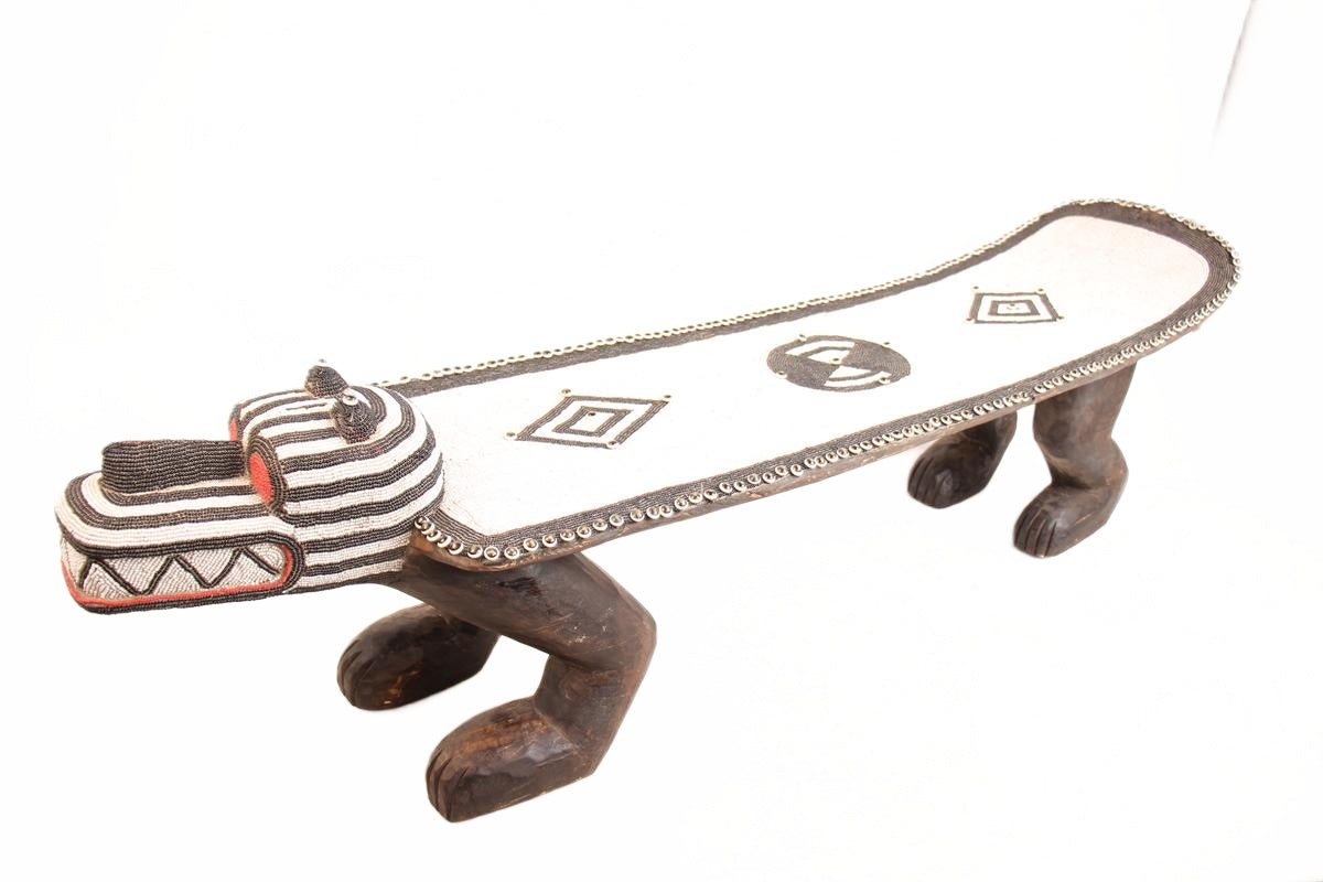 Bamileke Tribe Beaded Crocodile Bench ~18.1" Tall (New 2026) - Furniture
