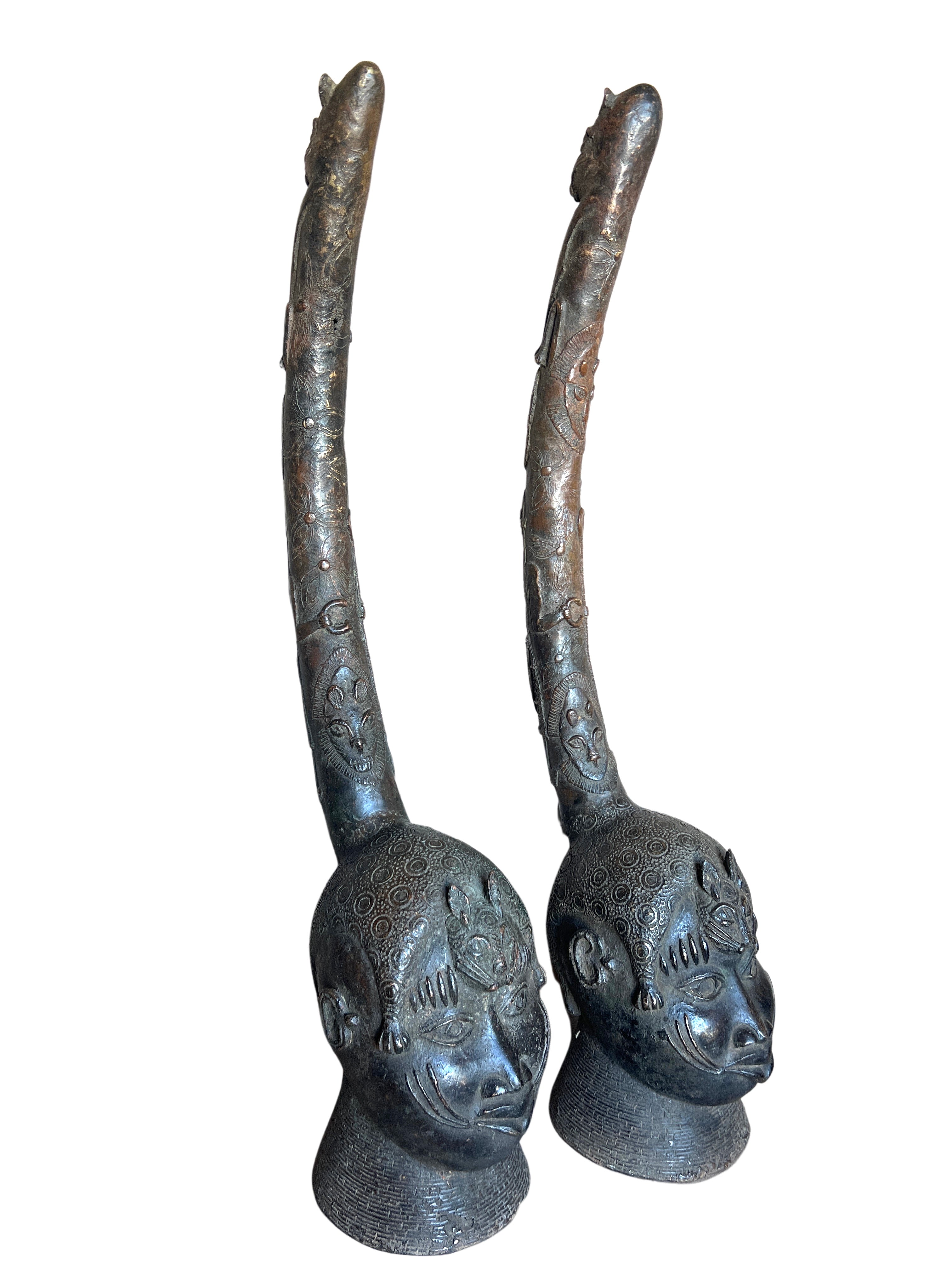 Edo Tribe Pair of Benin Bronze Heads