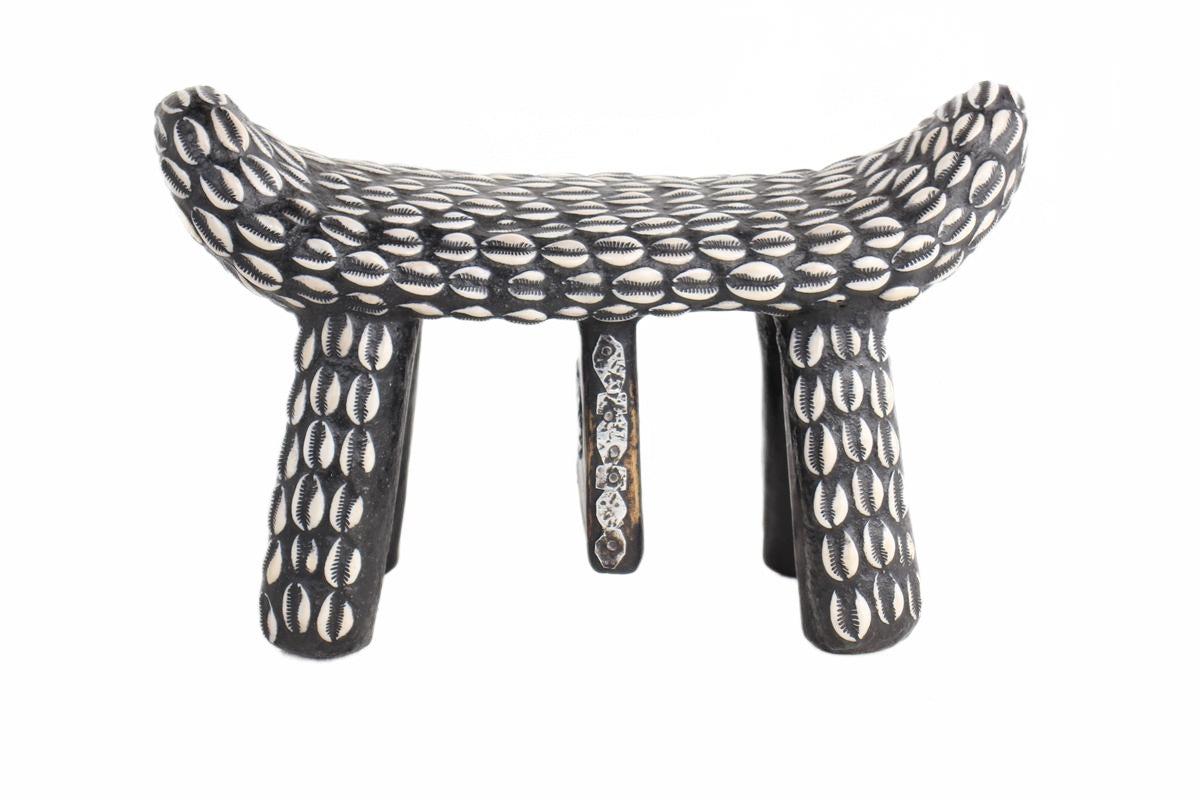 Bamileke Tribe Wooden and Cowrie Stool ~9.4" Tall (New 2026) - Furniture