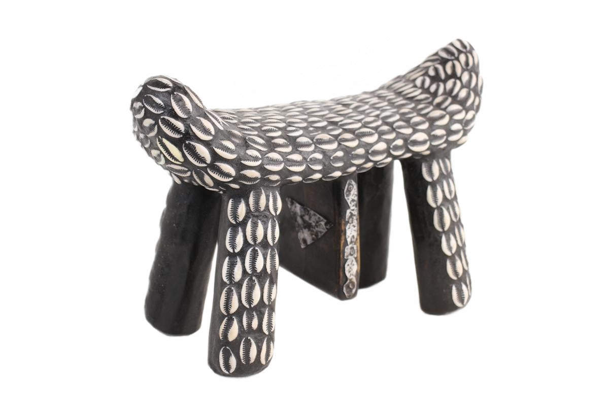 Bamileke Tribe Wooden and Cowrie Stool ~9.4" Tall (New 2026) - Furniture