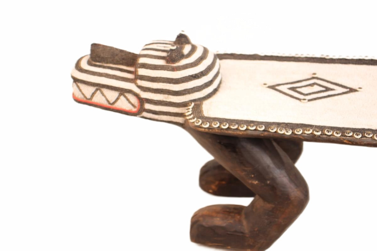 Bamileke Tribe Beaded Crocodile Bench ~18.1" Tall (New 2026) - Furniture