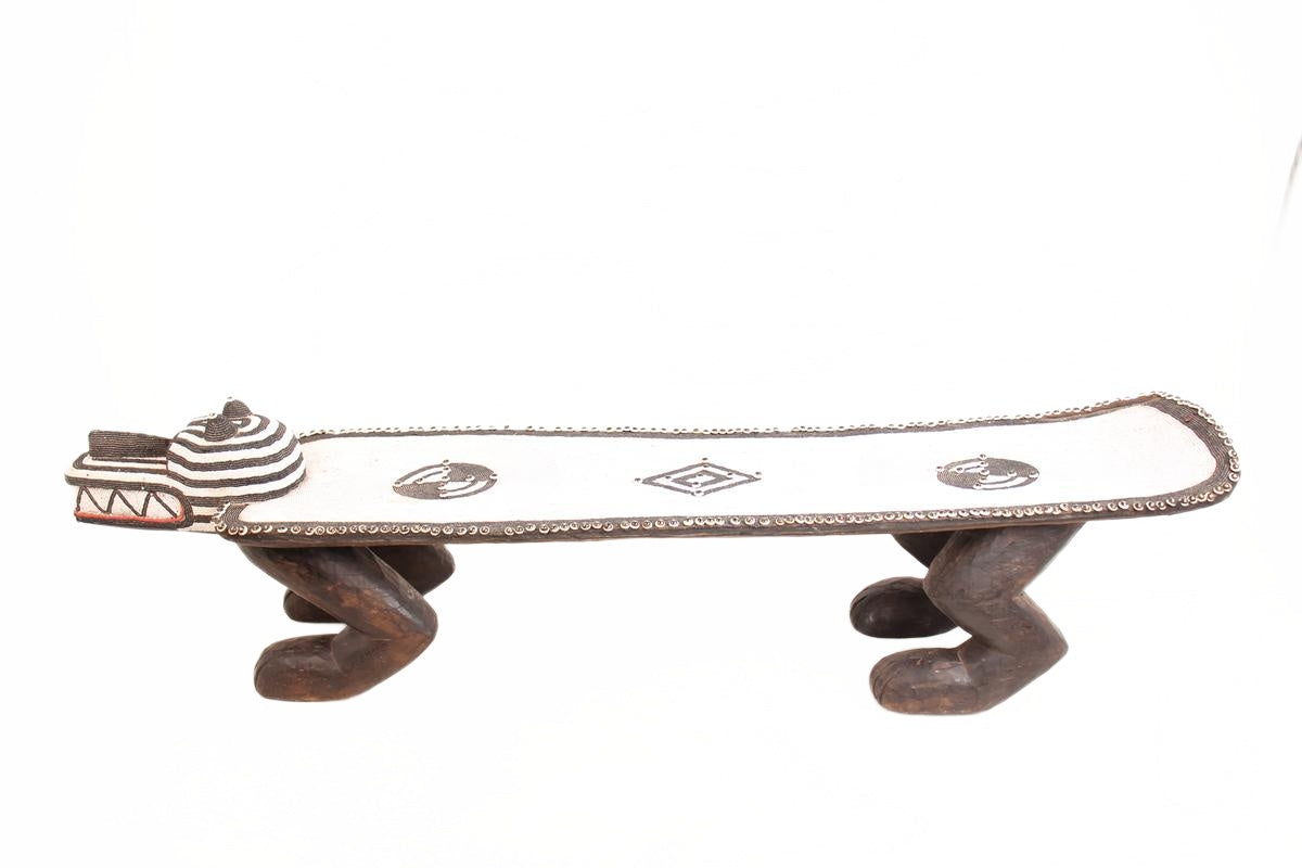Bamileke Tribe Beaded Crocodile Bench ~18.1" Tall (New 2026) - Furniture