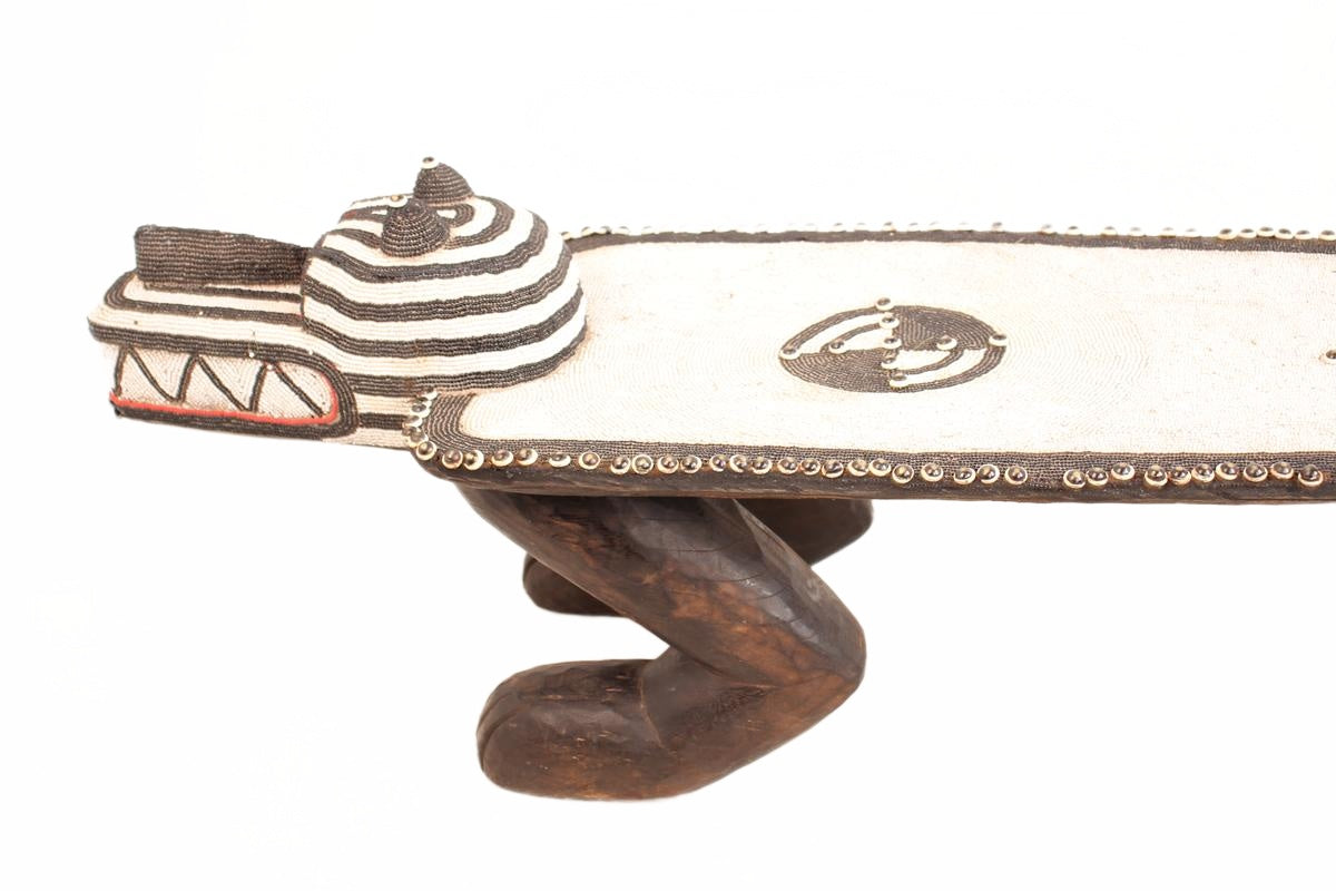 Bamileke Tribe Beaded Crocodile Bench ~18.1" Tall (New 2026) - Furniture