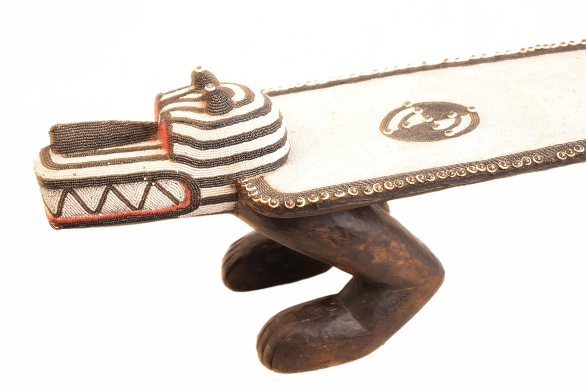 Bamileke Tribe Beaded Crocodile Bench ~18.1" Tall (New 2026) - Furniture